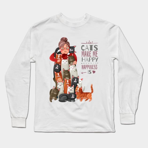 Cat Makes Me Happy Long Sleeve T-Shirt by Mako Design 